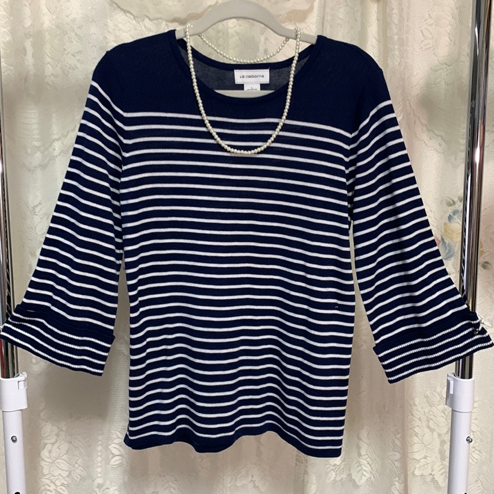Liz Claiborne NEW Navy Blue & White Stripe long sleeve blouse